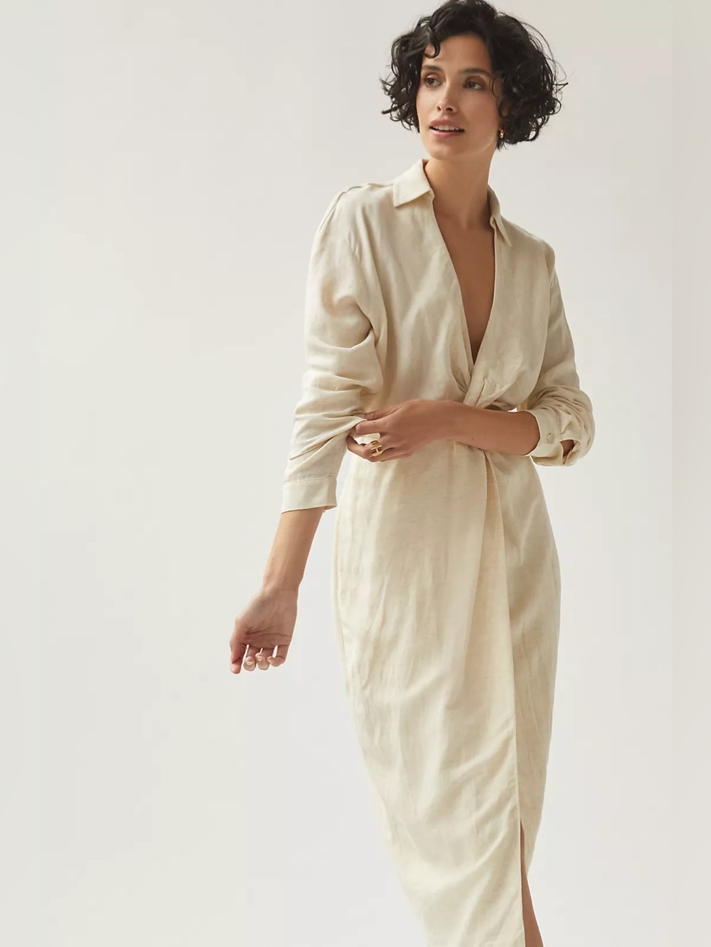 Anthropologie Ivory V-Neck Knot Front Midi Dress Linen Blend US 2 - Picture 15 of 17